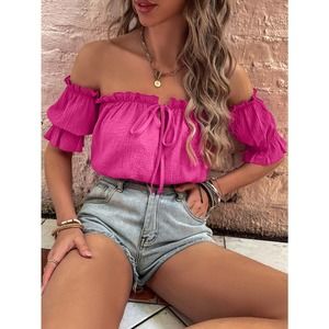 Boho ruffle Off The Shoulder Frilled Blouse - hot pink